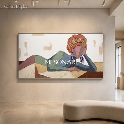 Beige And Blue Abstract Portrait Painting Panoramic Modern Figurative Art Original Artist Hand Painted By Mesonart