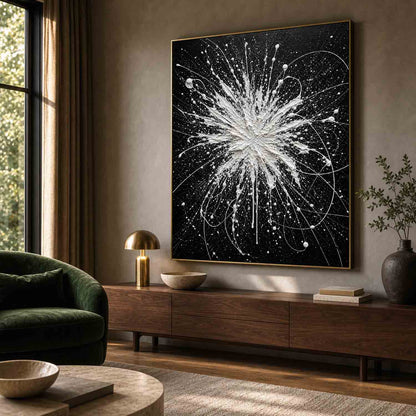 Pollock Abstract Style Black White Textured Relief Painting For Modern Living Room Entryway