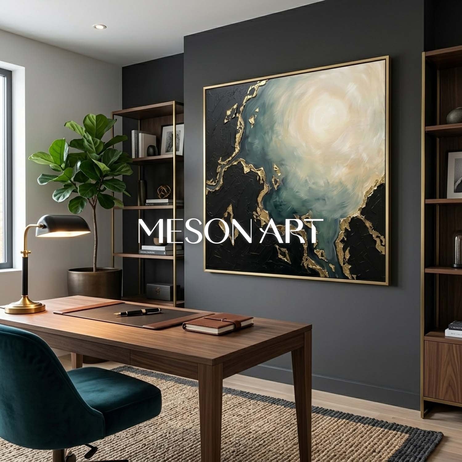 Luxury Abstract Sea Art With Gold Plaster Texture For Living Room Decor