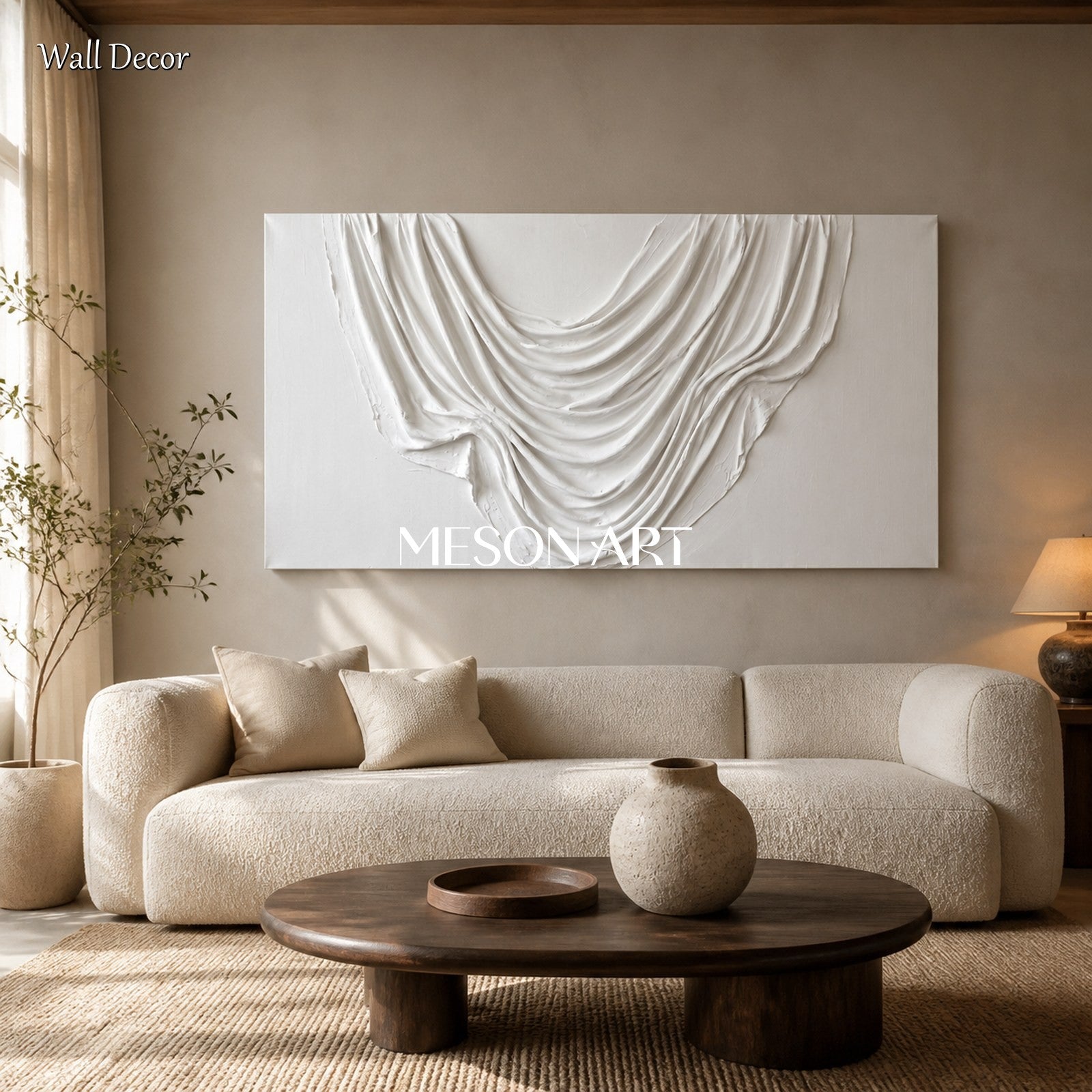 White Textured Wall Art Panoramic Sculptural Canvas Modern Organic 3D Original Artist By Mesonart