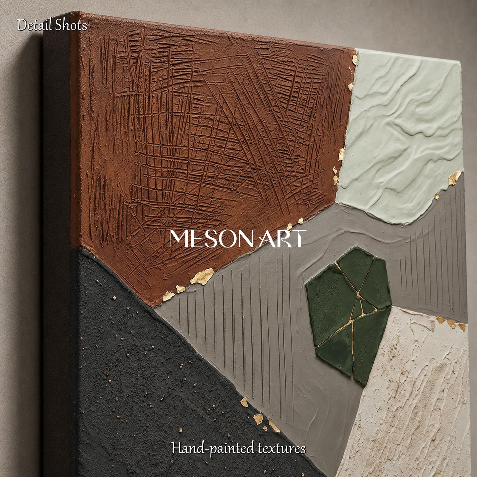 Brown Minimalist Abstract Painting With Gold Texture For Modern Living Room Decor