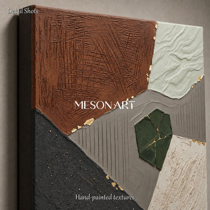 Brown Minimalist Abstract Painting With Gold Texture For Modern Living Room Decor