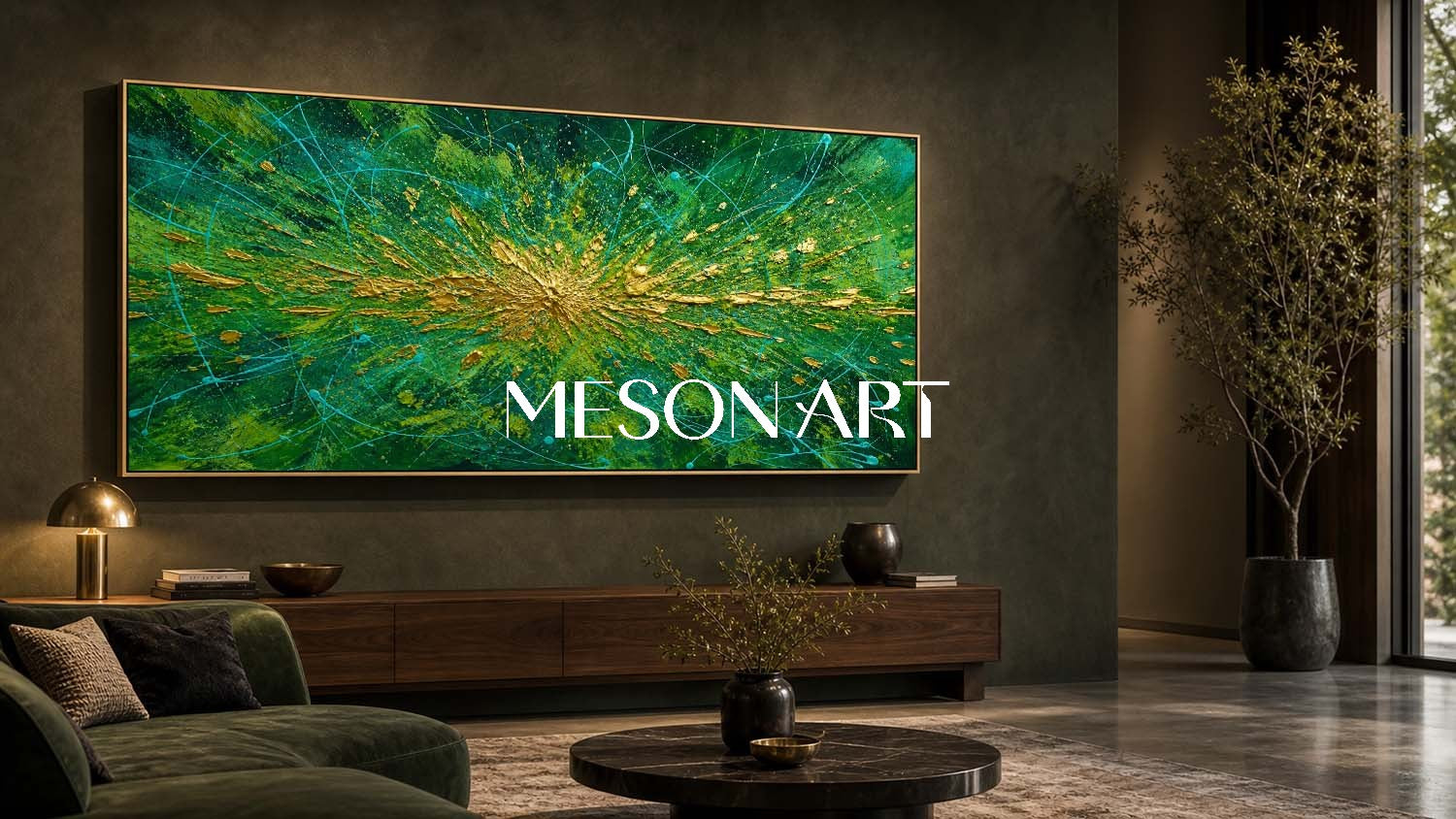 Emerald Green And Gold Pollock Abstract Painting For Modern Living Room Decor