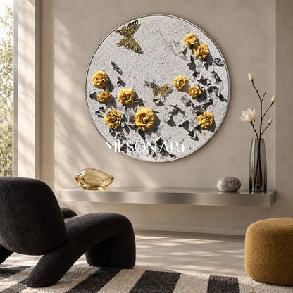Yellow And Gray Botanical Impression Painting Circular Wall Art Original Hand Painted By Mesonart