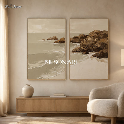 Beige And Brown Abstract Landscape Painting Rectangular Wall Art For Living Room Original Artist By Mesonart