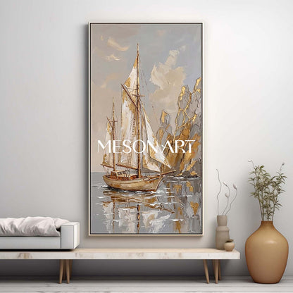 Art Deco Sailboat Painting With Gold Accents For Coastal Living Room Decor