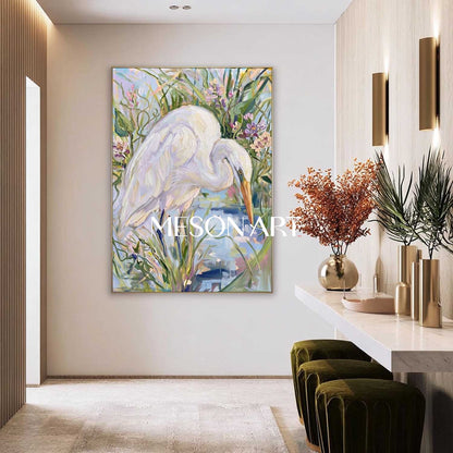Elegant Egret Painting With Floral Landscape For Modern Living Room Decor