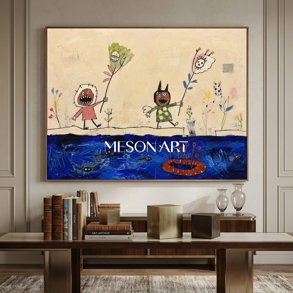 Original Expressionist Figurative Painting With Textured Blue Beige For Modern Living Room