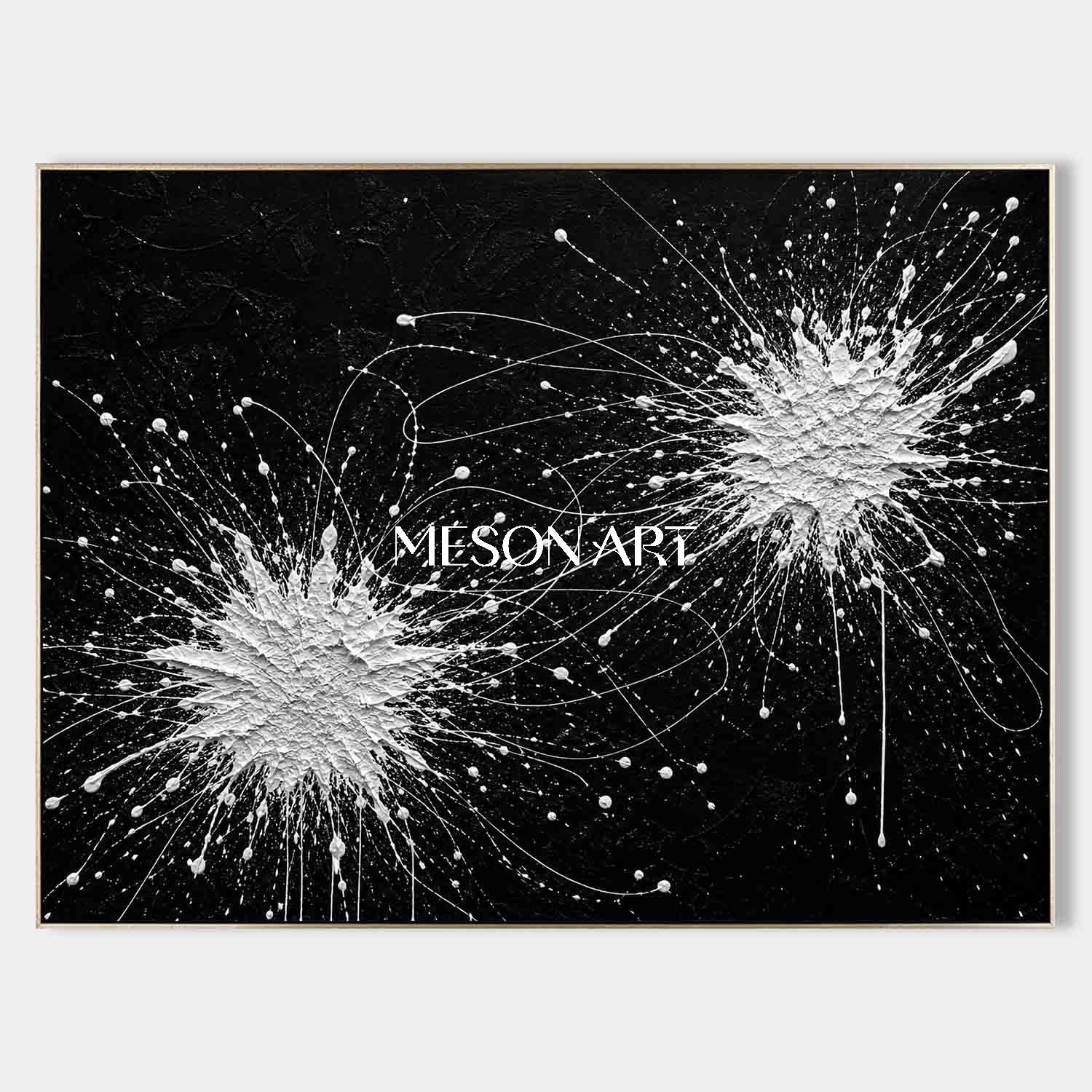 Original Black And White Pollock Style Abstract Painting With Textured Relief For Modern Living Room