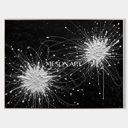 Original Black And White Pollock Style Abstract Painting With Textured Relief For Modern Living Room