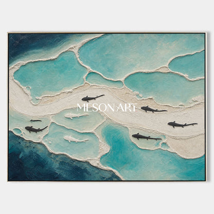 Textured Ocean Wall Art With Fish Silhouettes For Coastal Living Room Decor
