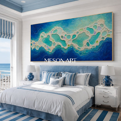 Large Blue Abstract Ocean Painting Textured Wall Art For Modern Living Room Decor