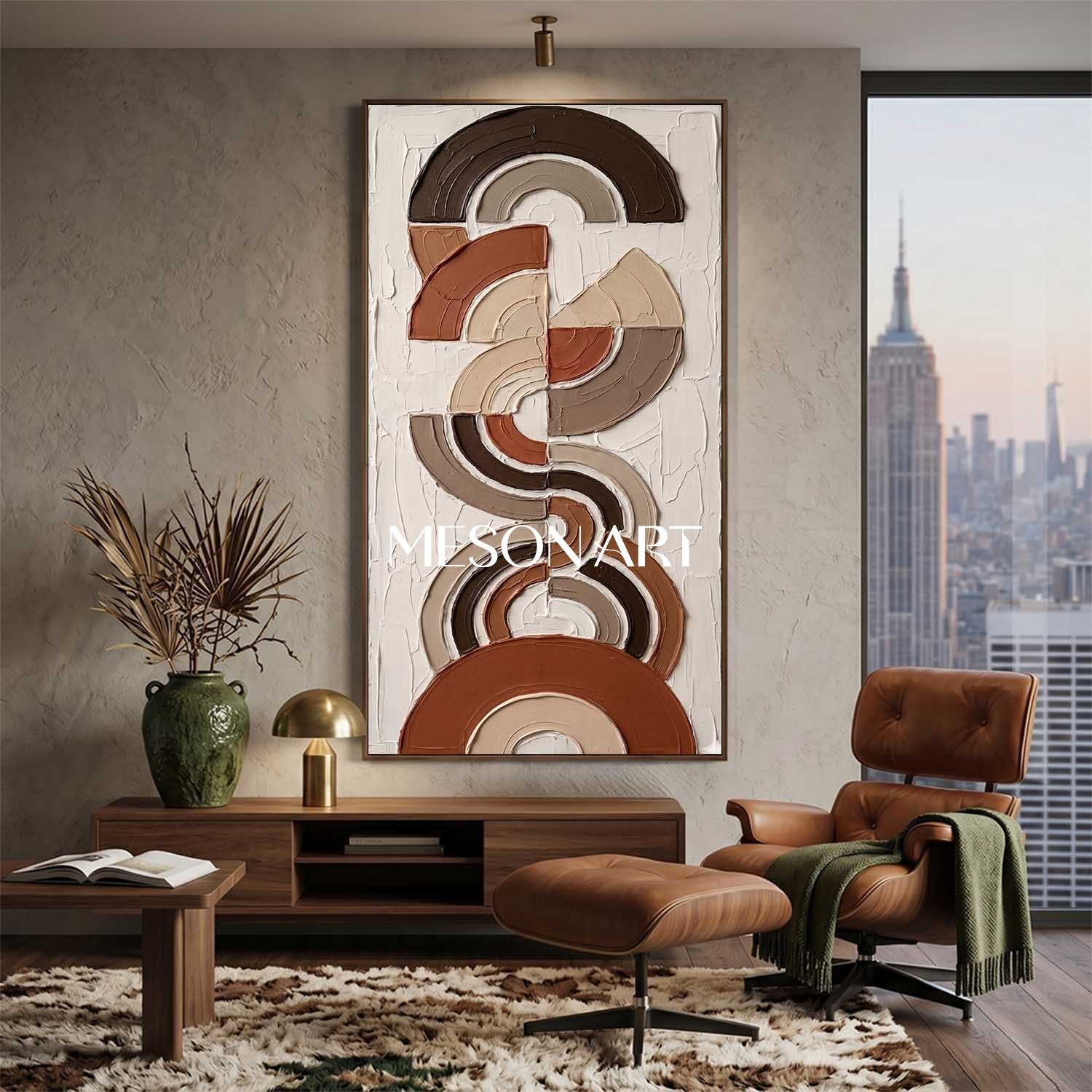 Bohemian Abstract Textured Plaster Wall Art in Terracotta for Living Room