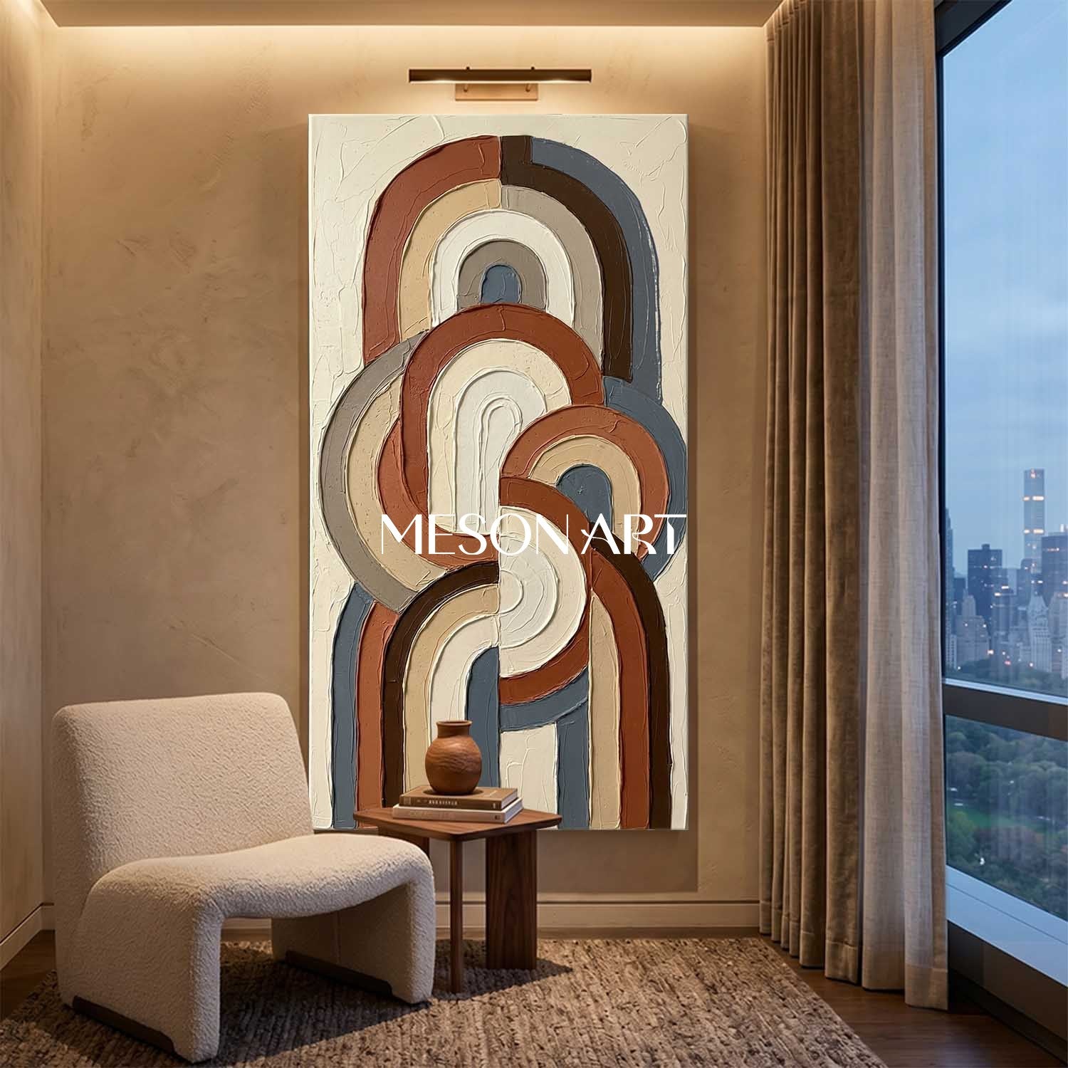 Bohemian Abstract Plaster Wall Art in Blue and Terracotta for Living Room