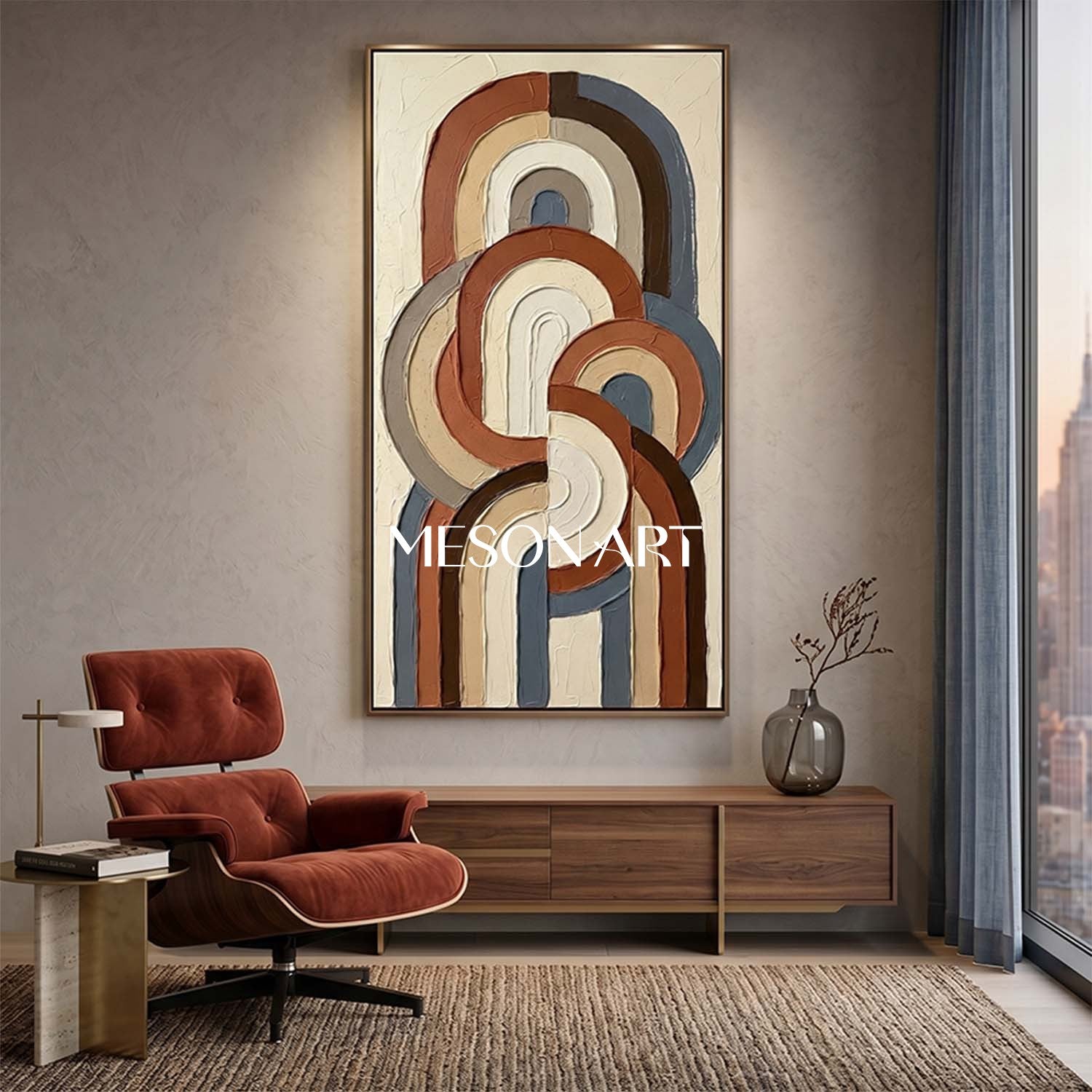 Bohemian Abstract Plaster Wall Art in Blue and Terracotta for Living Room