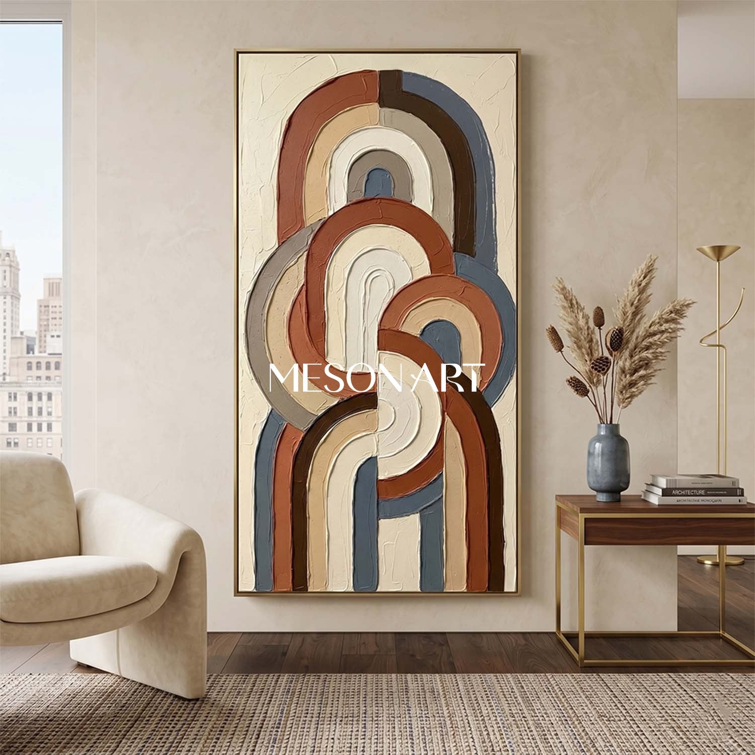 Bohemian Abstract Plaster Wall Art in Blue and Terracotta for Living Room