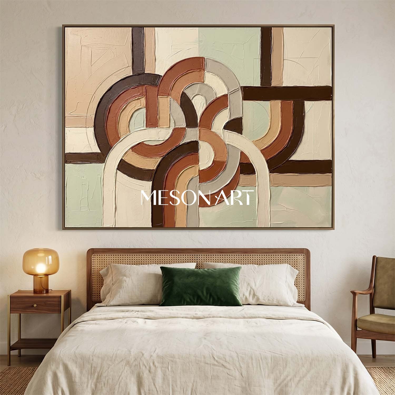 Horizontal Bohemian Abstract Plaster Wall Art in Earth Tones Sage Green