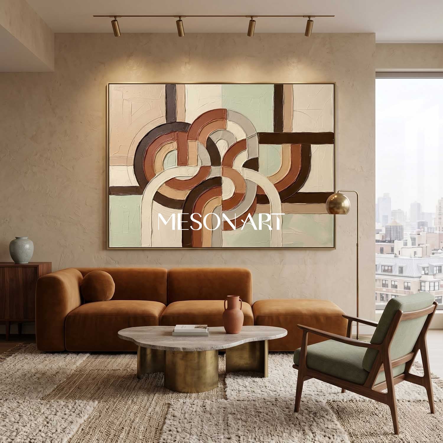 Horizontal Bohemian Abstract Plaster Wall Art in Earth Tones Sage Green