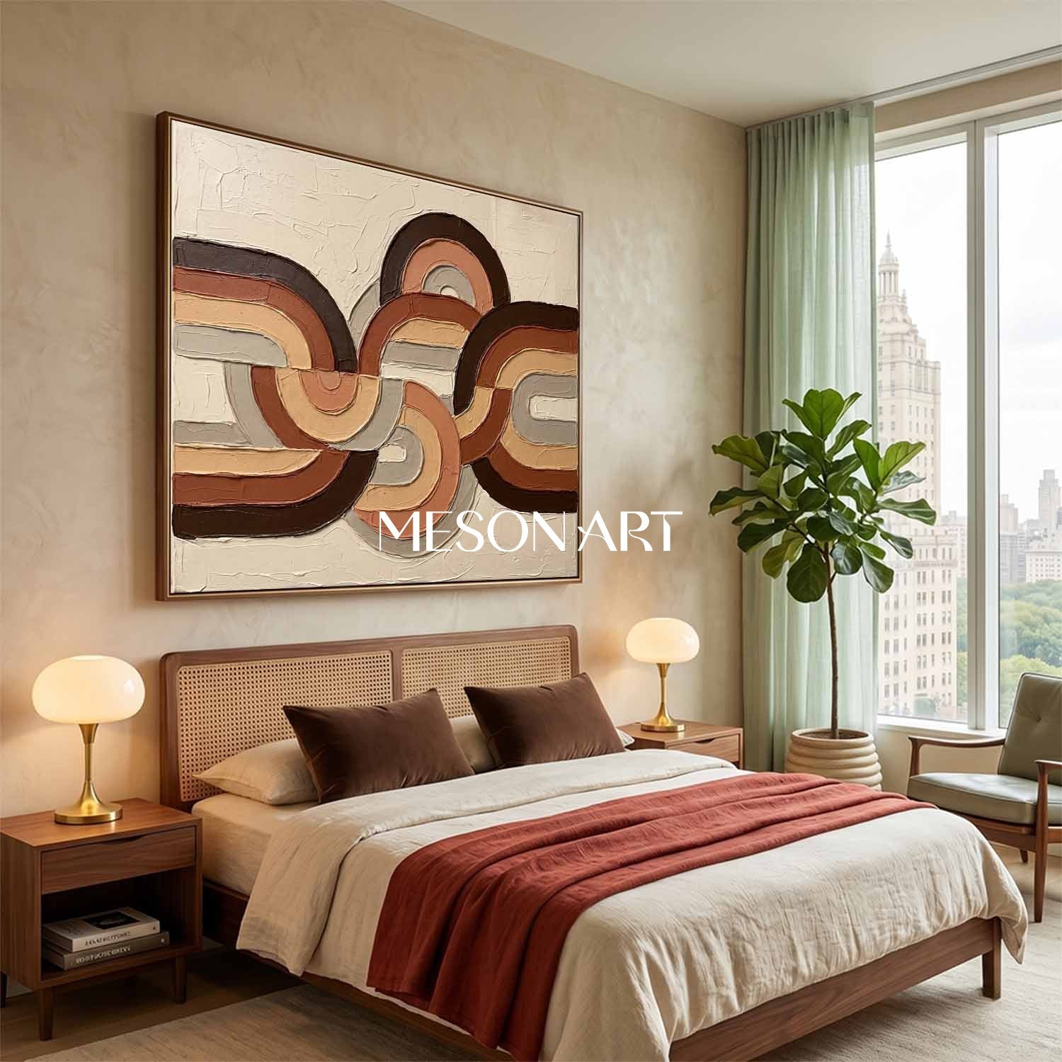 Horizontal Bohemian Abstract Plaster Wall Art in Earth Tones for Living Room