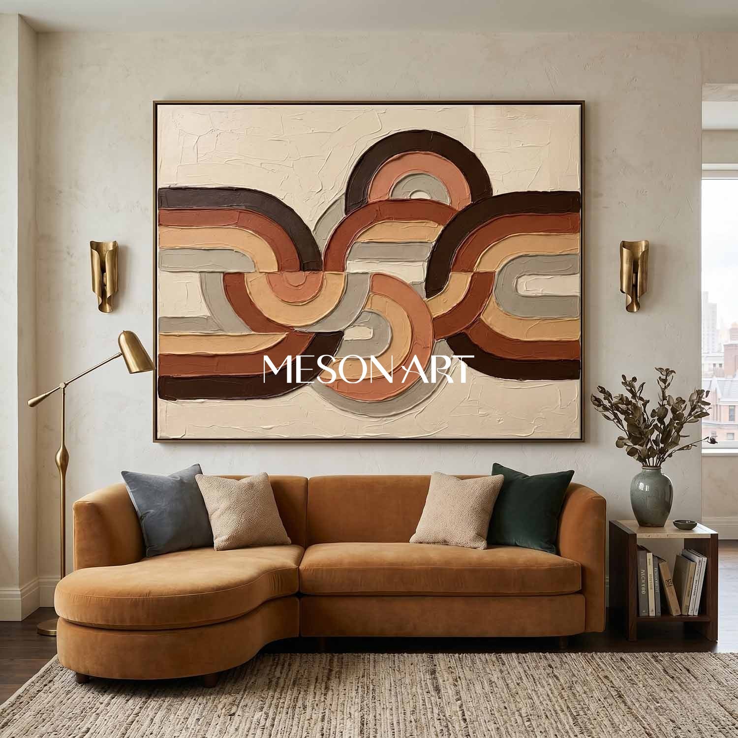 Horizontal Bohemian Abstract Plaster Wall Art in Earth Tones for Living Room