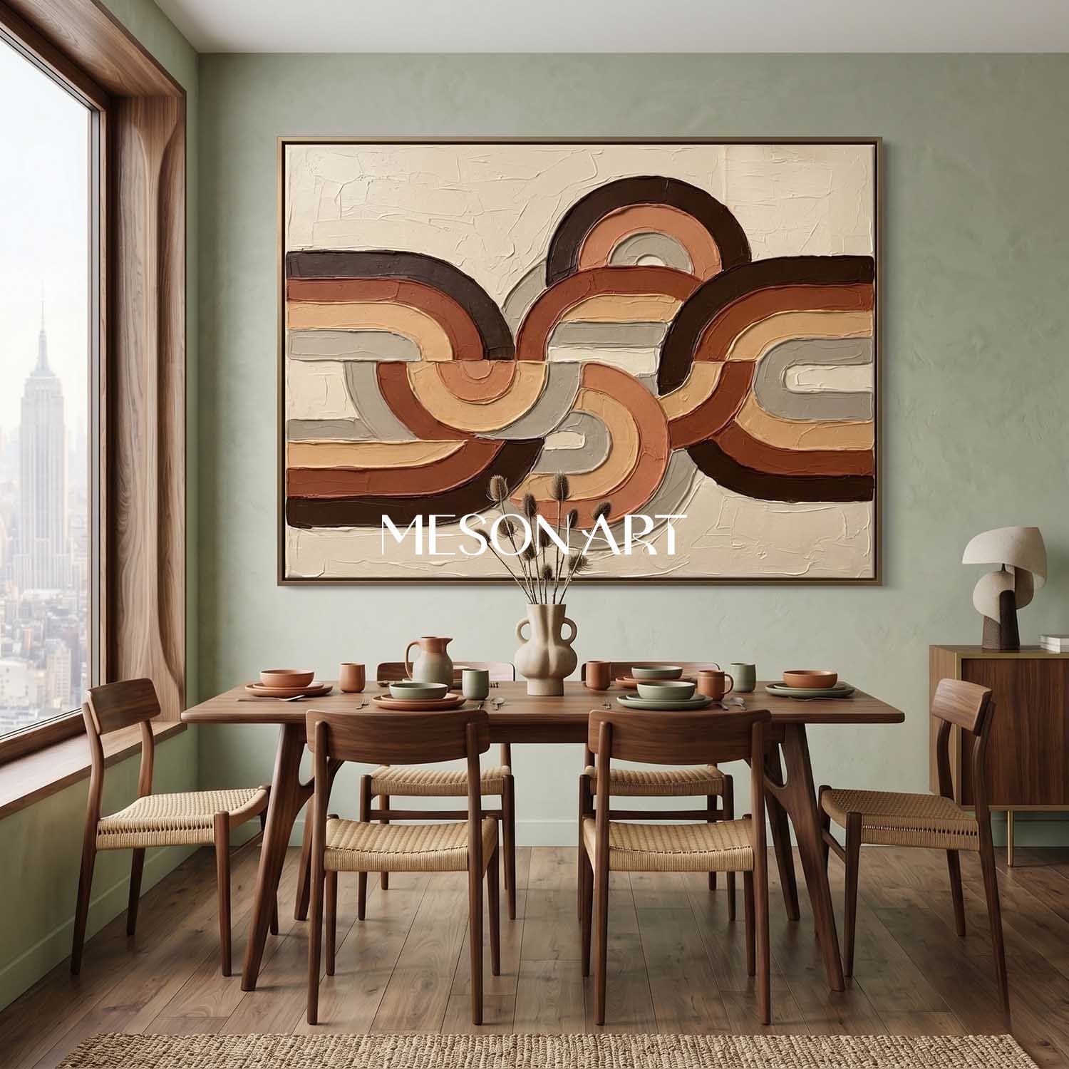 Horizontal Bohemian Abstract Plaster Wall Art in Earth Tones for Living Room
