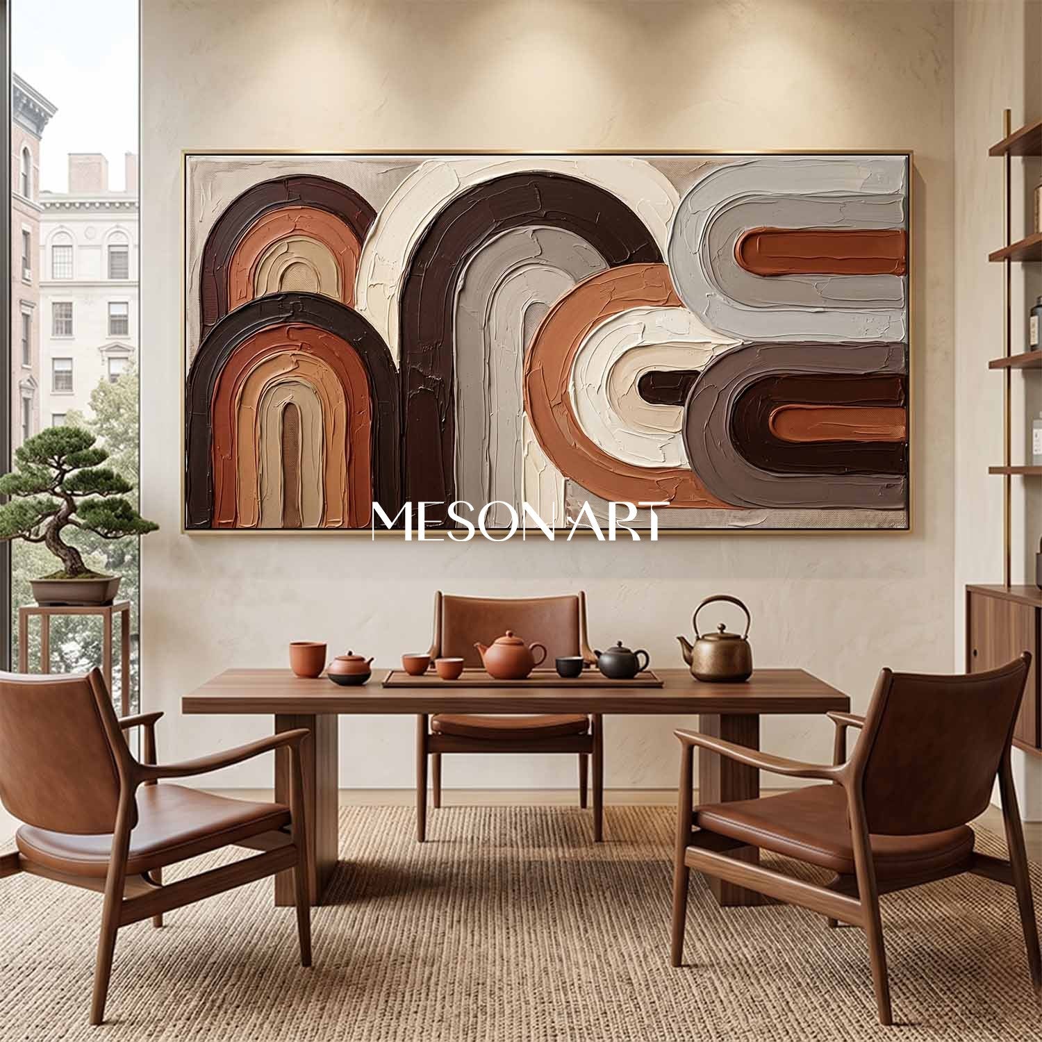 Panoramic Bohemian Abstract Plaster Wall Art in Earth Tones