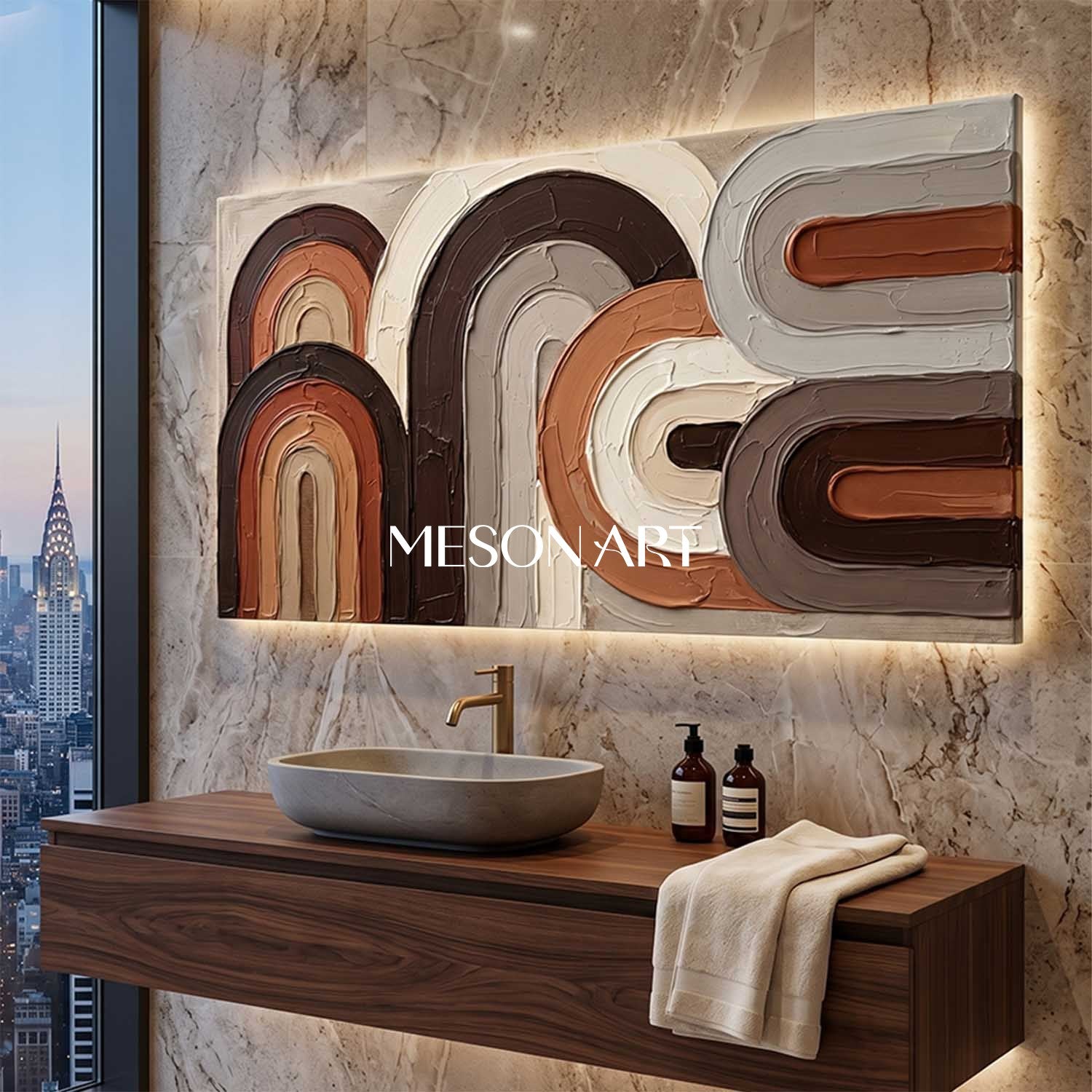 Panoramic Bohemian Abstract Plaster Wall Art in Earth Tones