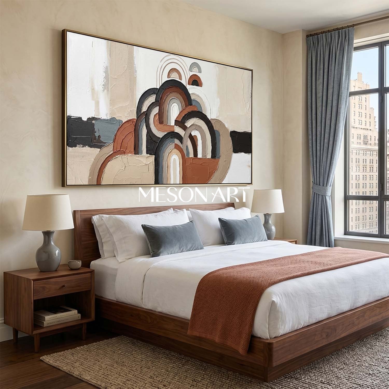 Panoramic Bohemian Abstract Plaster Wall Art in Earth Tones and Blue