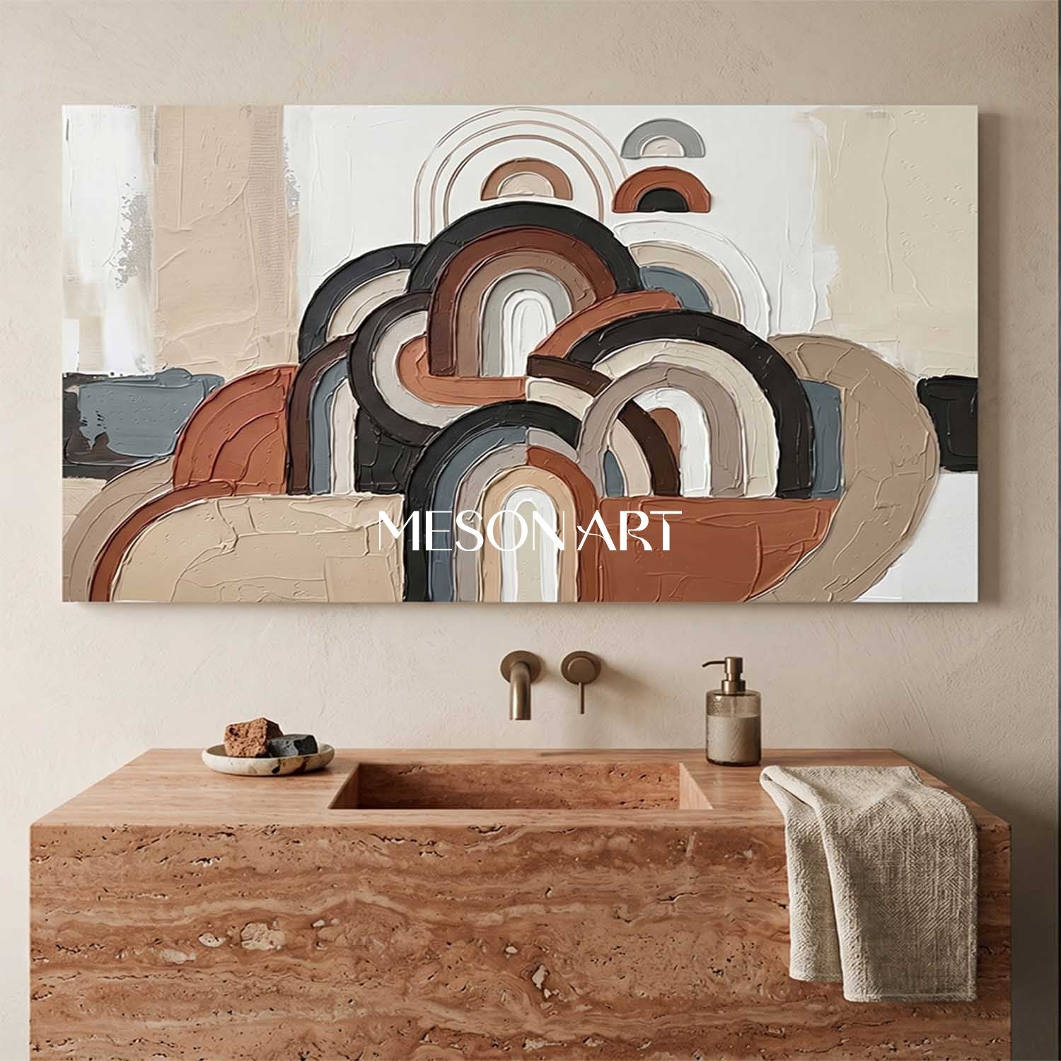Panoramic Bohemian Abstract Plaster Wall Art in Earth Tones and Blue