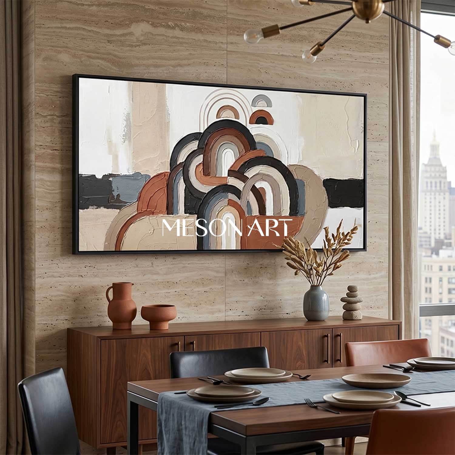 Panoramic Bohemian Abstract Plaster Wall Art in Earth Tones and Blue