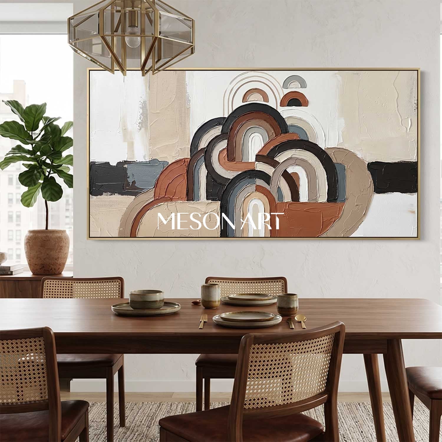 Panoramic Bohemian Abstract Plaster Wall Art in Earth Tones and Blue