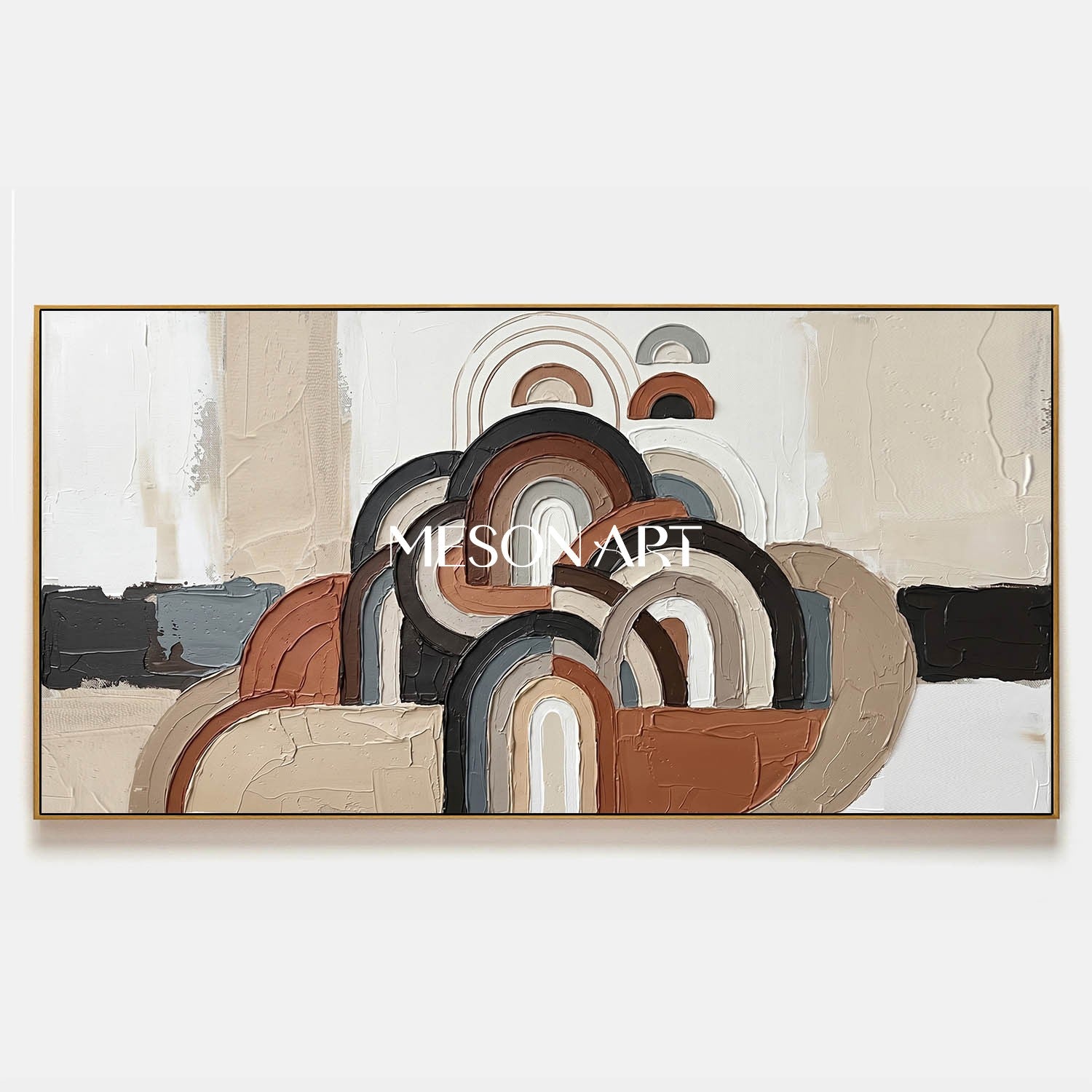 Panoramic Bohemian Abstract Plaster Wall Art in Earth Tones and Blue
