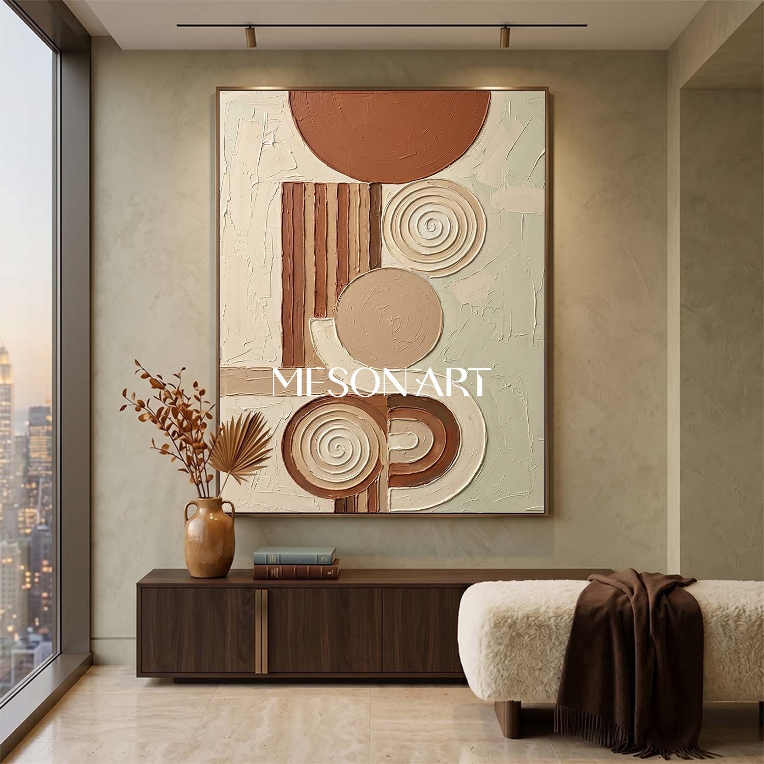 Bohemian Abstract Textured Plaster Geometric Wall Art in Earth Tones