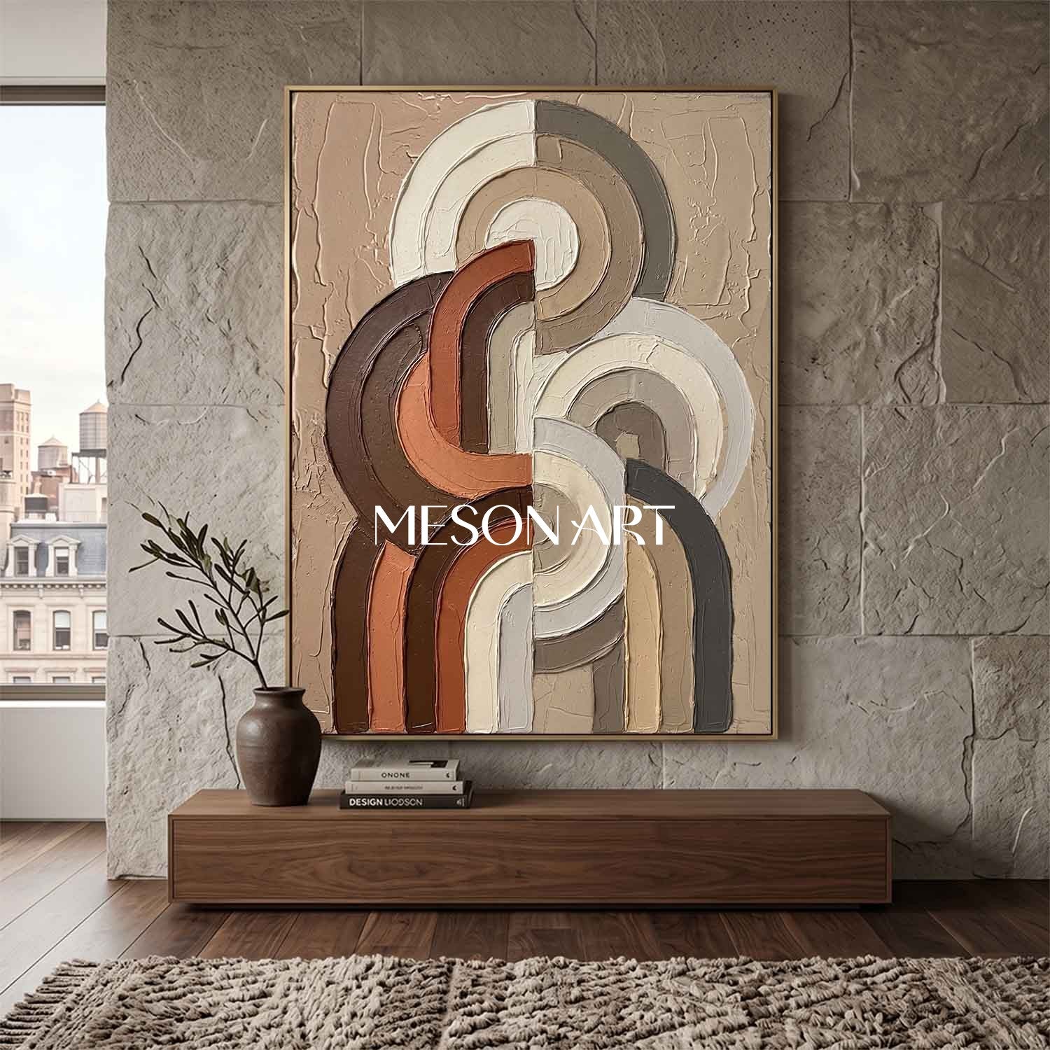 Minimalist Boho Sculptural Canvas Painting Vertical Geometric Art