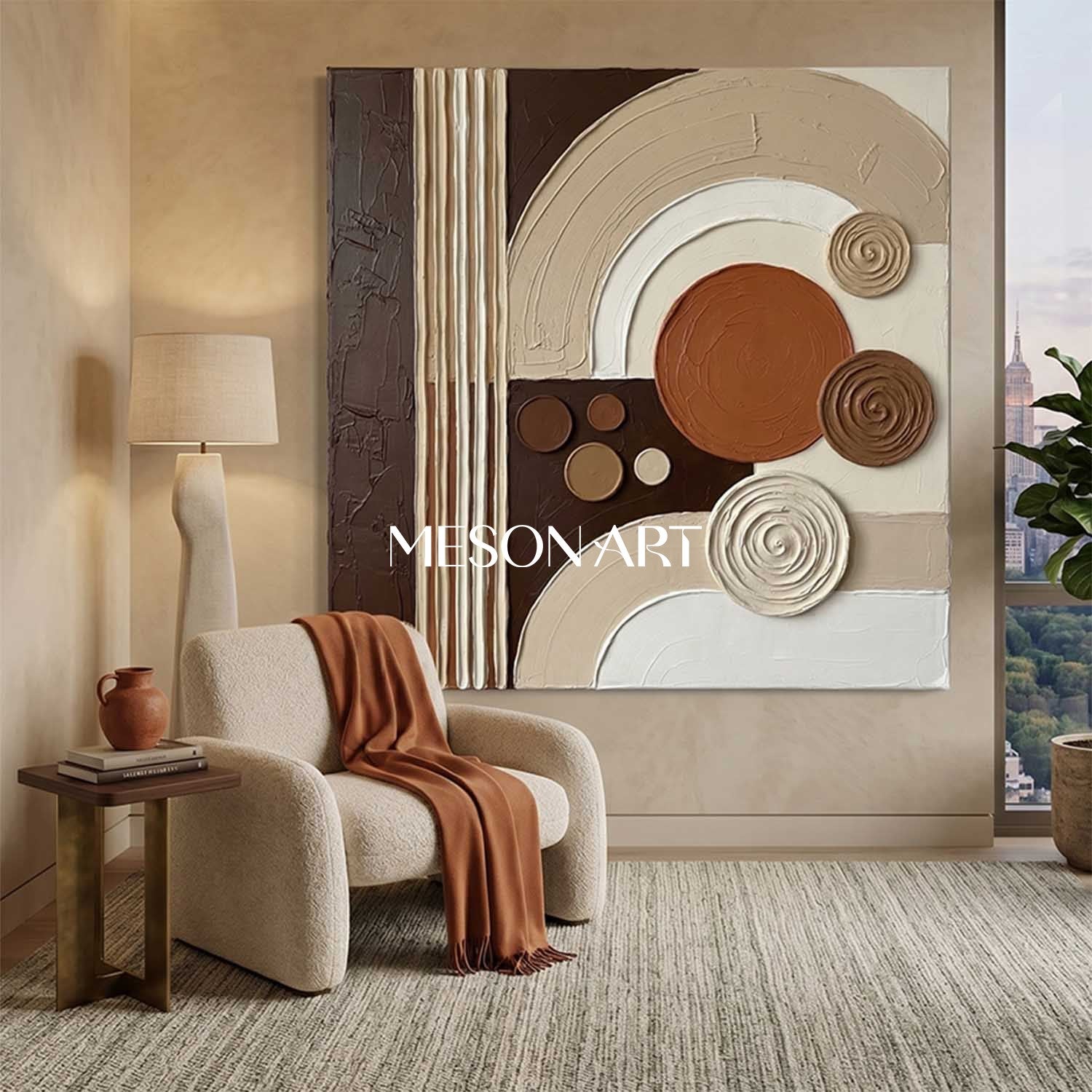 Boho Minimalist Sculptural Canvas Painting Square Geometric Art Decor