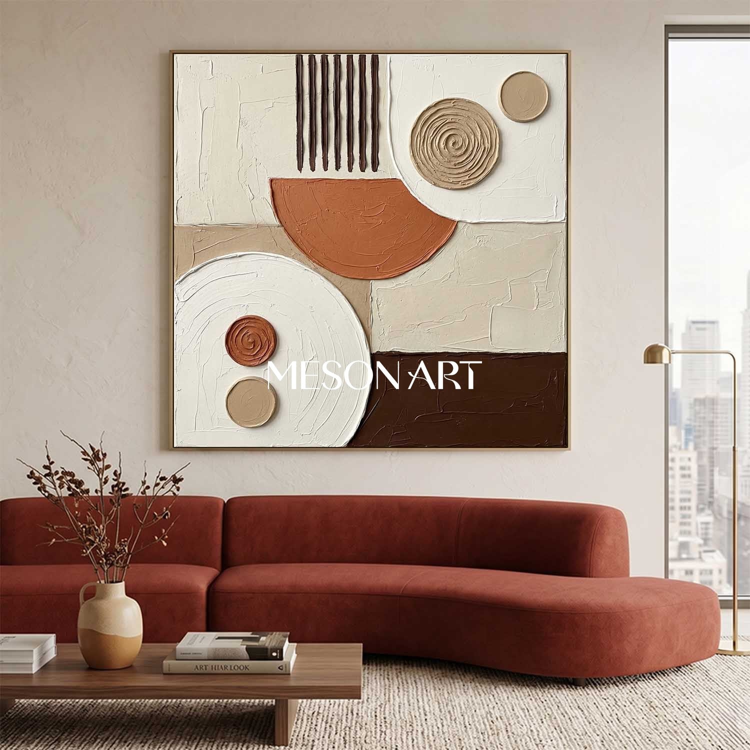 Boho Minimalist Sculptural Canvas Painting Square Geometric Art Decor