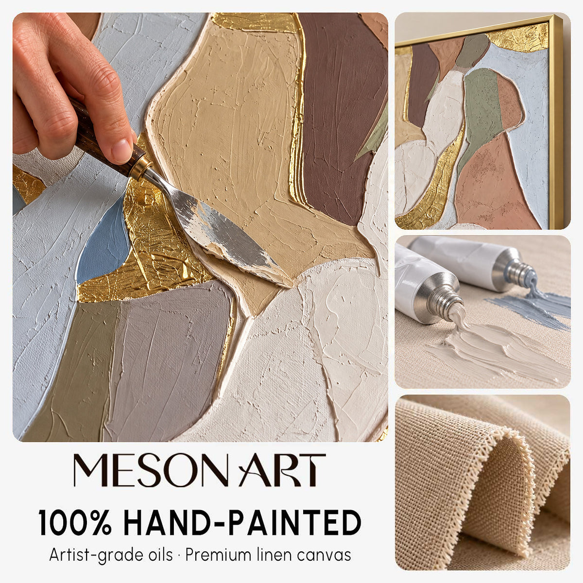 Beige And Gold Abstract Textured Organic Minimal Modern Rectangular Wall Art For Living Room By Mesonart