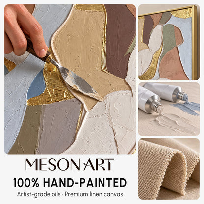 Beige And Gold Abstract Textured Organic Minimal Modern Rectangular Wall Art For Living Room By Mesonart