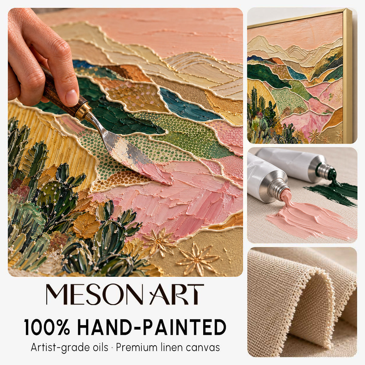 Pink And Gold Desert Landscape Textured Art Contemporary Organic Cactus Relief By Mesonart