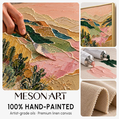 Pink And Gold Desert Landscape Textured Art Contemporary Organic Cactus Relief By Mesonart
