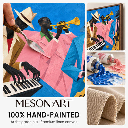 Blue And Pink Pop Art Jazz Painting Original Artist Hand Painted Musical Geometric Rectangular Wall Decor By Mesonart