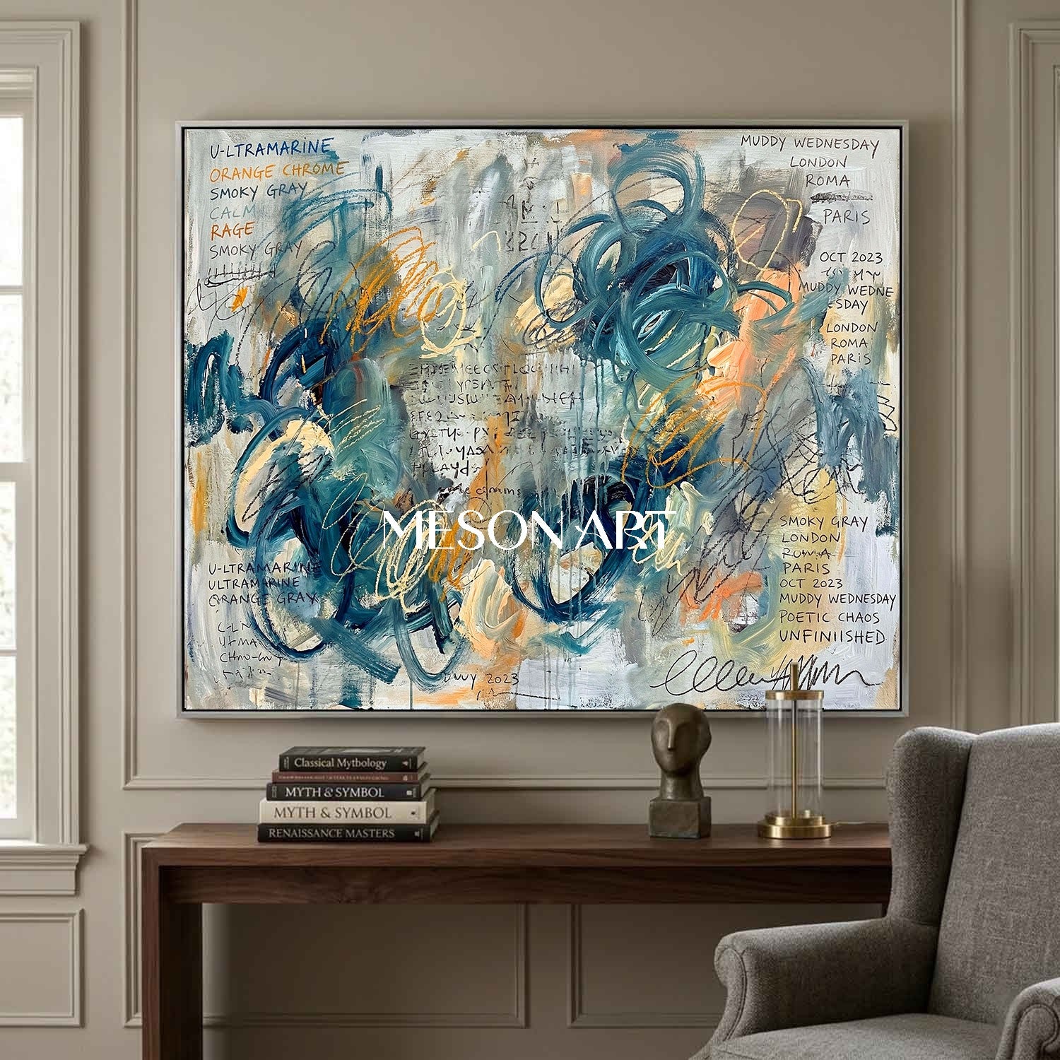 Original Framed Large Canvas Ultramarine Abstract Art For Living Room