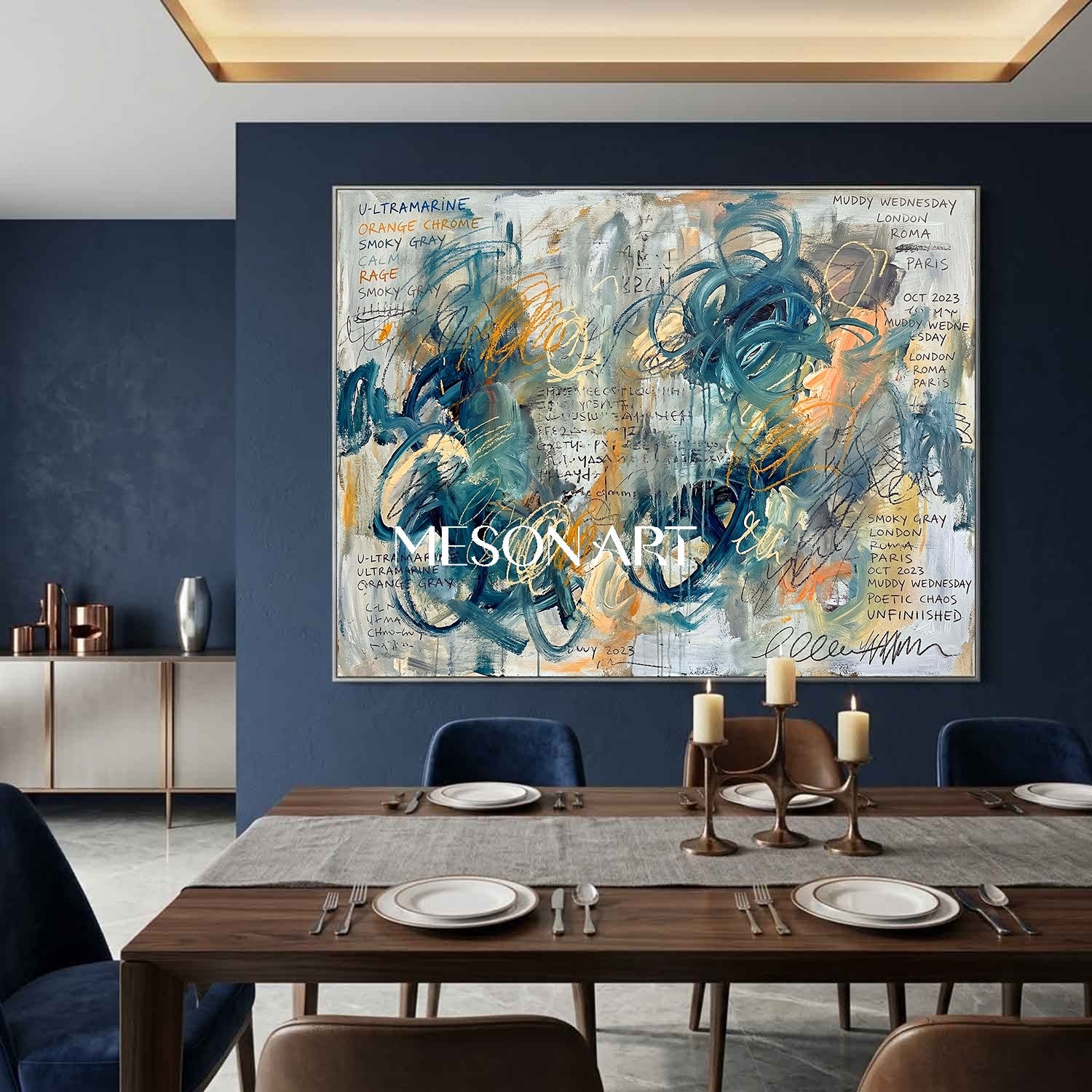 Original Framed Large Canvas Ultramarine Abstract Art For Living Room
