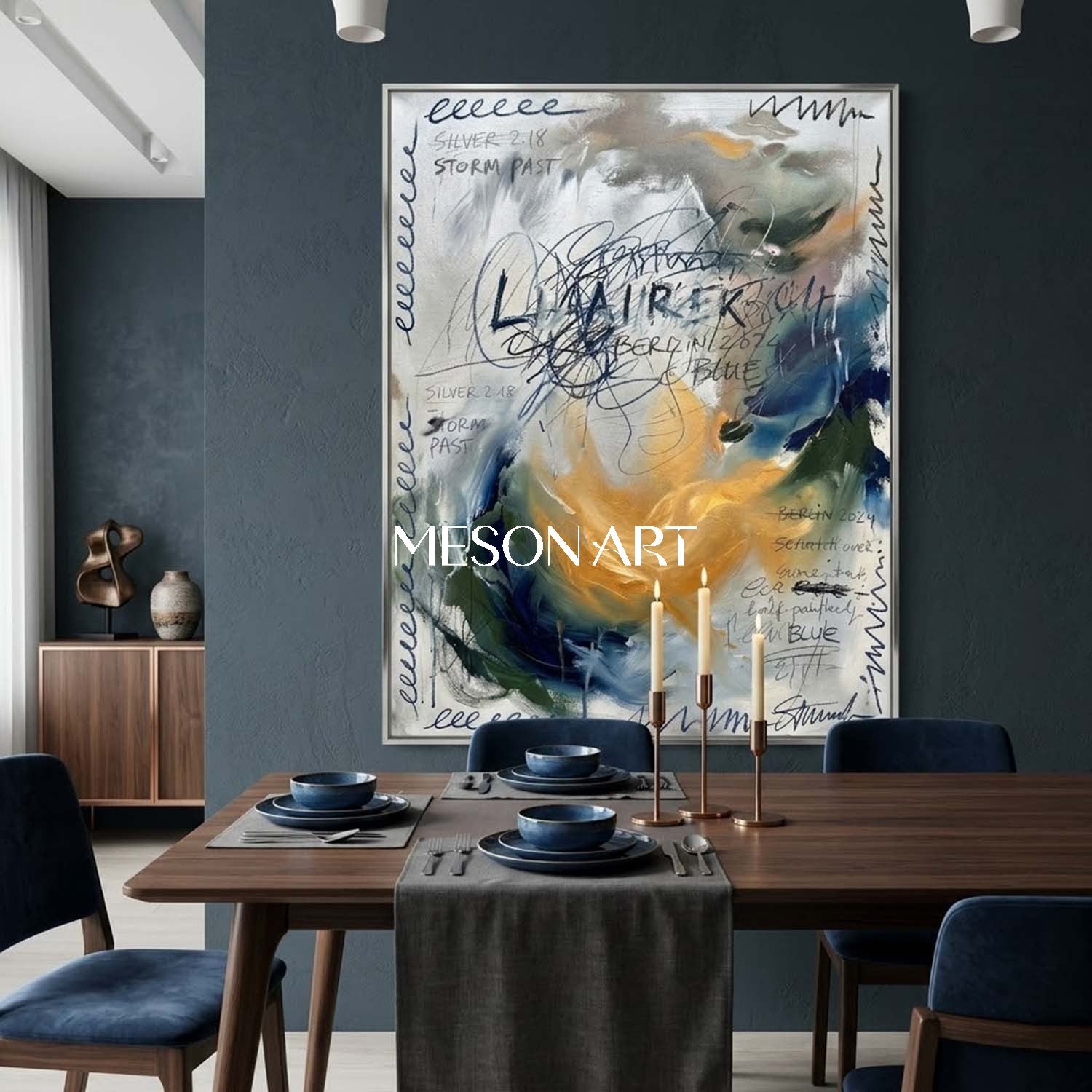 Large Abstract Oil Painting with Expressive Blue Gold Texture Office