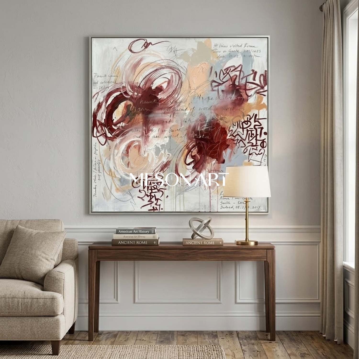 Original Abstract Expressionist Painting Burgundy Romantic Living Room