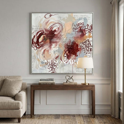 Original Abstract Expressionist Painting Burgundy Romantic Living Room
