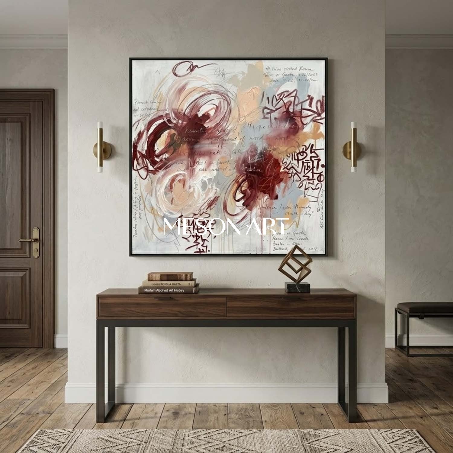 Original Abstract Expressionist Painting Burgundy Romantic Living Room