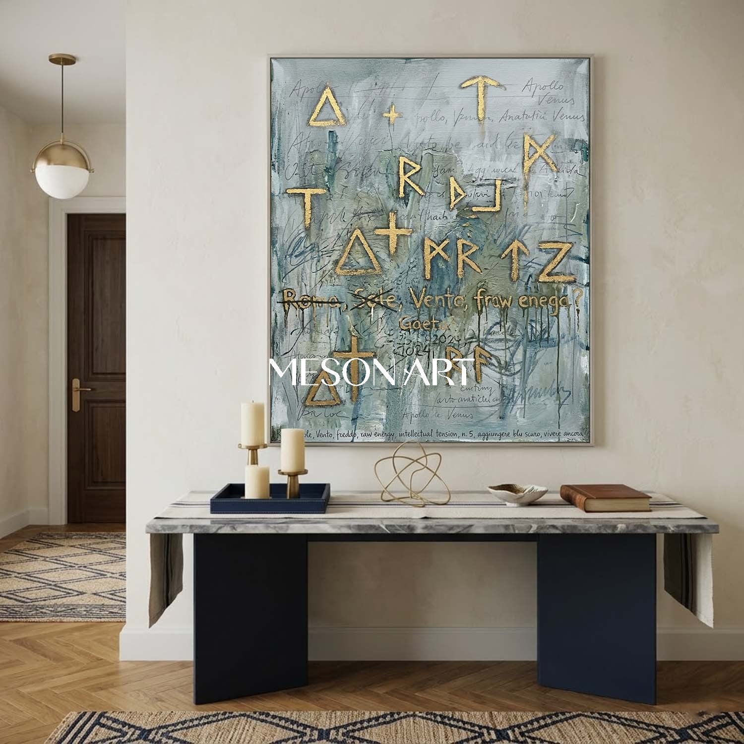 Gray-Green Neo Expressionist Art Statement Framed Canvas Living Room