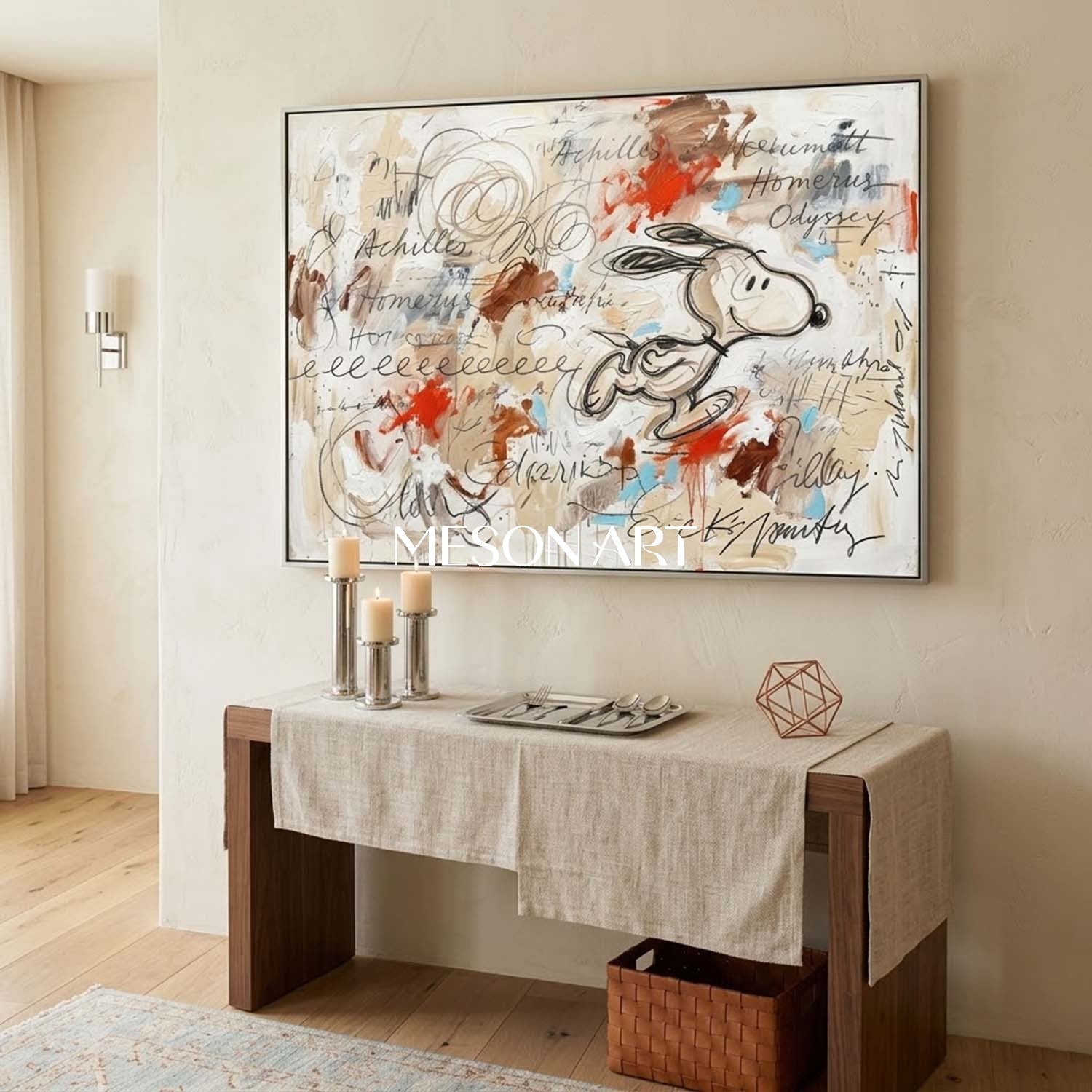 Original Pop Art Oil Painting Achilles Snoopy Framed Canvas Bedroom