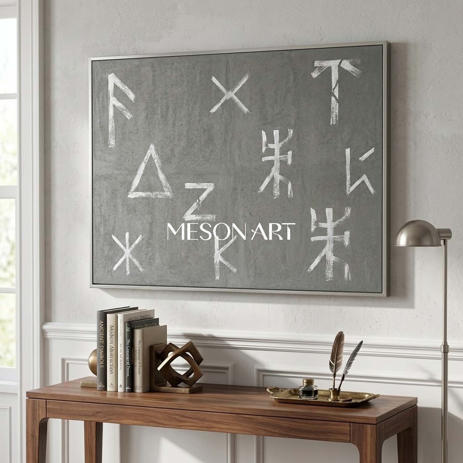 Modern Hand Painted Minimalist Gray and White Office Wall Art Decor